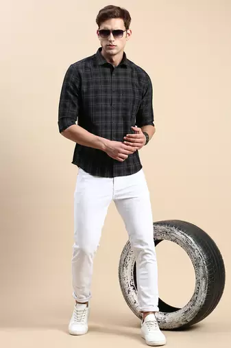men's long sleeves tartan checks black shirt