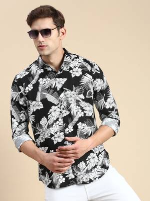 men's long sleeves floral black shirt 1