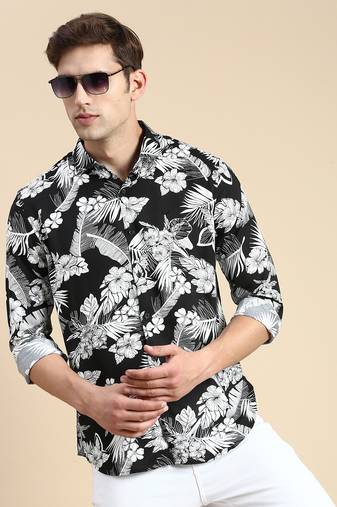 men's long sleeves floral black shirt