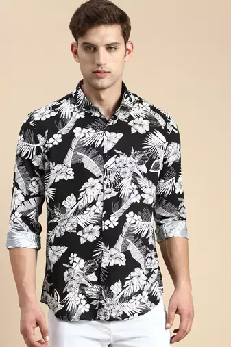 men's long sleeves floral black shirt