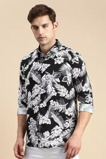men's long sleeves floral black shirt