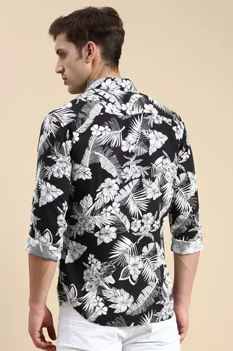 men's long sleeves floral black shirt