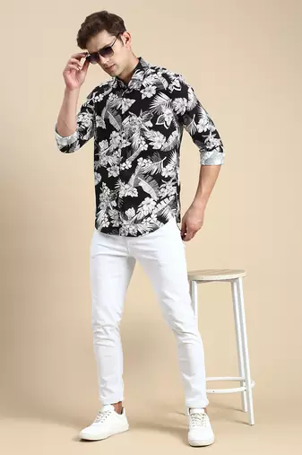men's long sleeves floral black shirt