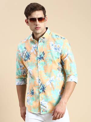 men's long sleeves floral orange shirt 1