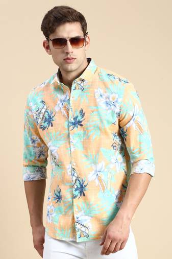 men's long sleeves floral orange shirt