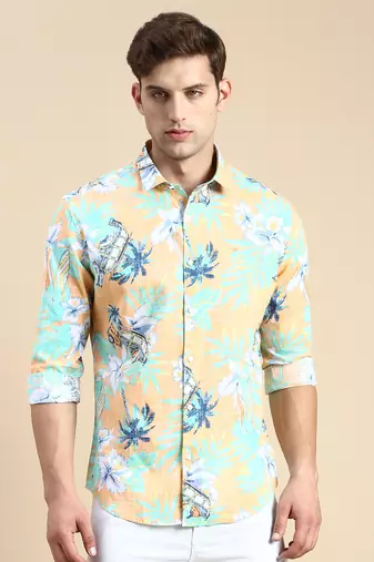 men's long sleeves floral orange shirt