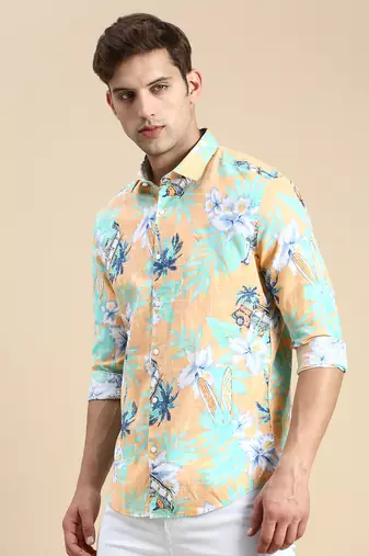men's long sleeves floral orange shirt
