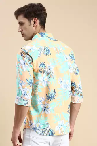 men's long sleeves floral orange shirt