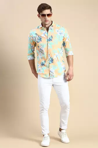 men's long sleeves floral orange shirt
