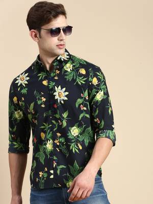 men's long sleeves floral navy blue shirt 1