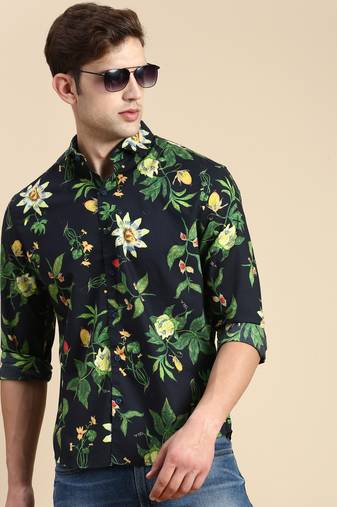 men's long sleeves floral navy blue shirt