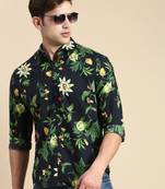 men's long sleeves floral navy blue shirt
