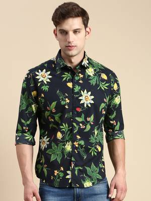 men's long sleeves floral navy blue shirt 2