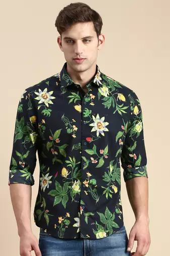 men's long sleeves floral navy blue shirt