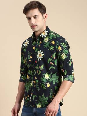 men's long sleeves floral navy blue shirt 3