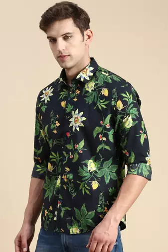 men's long sleeves floral navy blue shirt