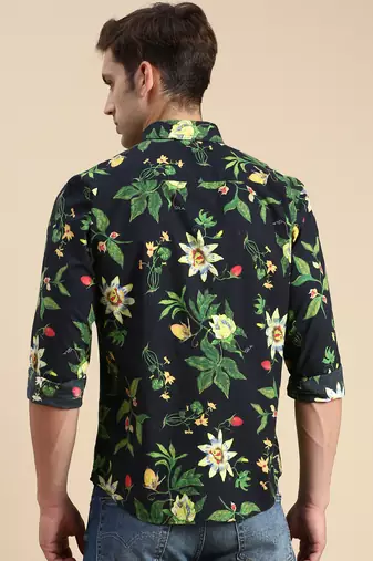 men's long sleeves floral navy blue shirt