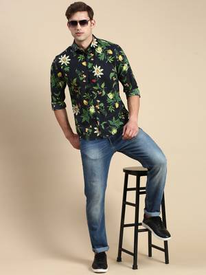 men's long sleeves floral navy blue shirt 5