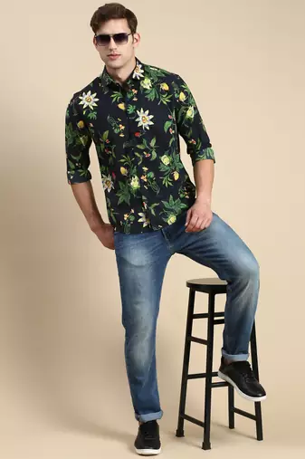 men's long sleeves floral navy blue shirt