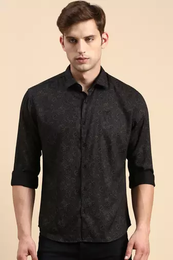 men's long sleeves ethnic motifs black shirt