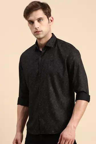 men's long sleeves ethnic motifs black shirt