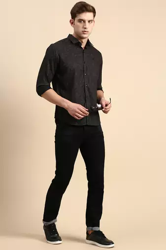 men's long sleeves ethnic motifs black shirt