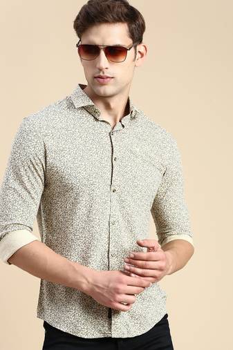 men's long sleeves floral beige shirt