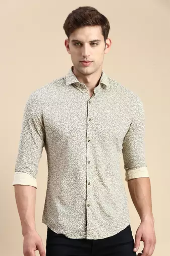 men's long sleeves floral beige shirt
