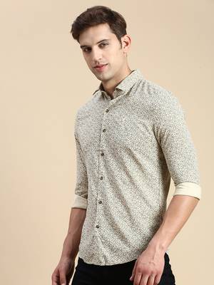 men's long sleeves floral beige shirt 3