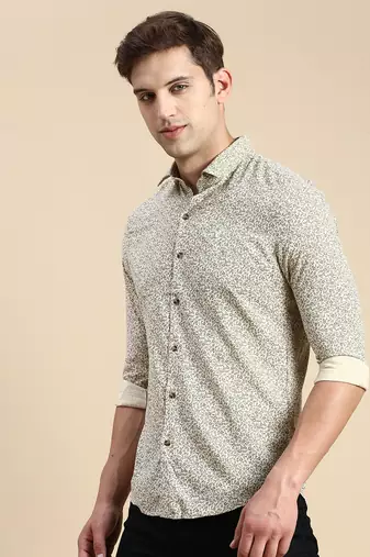 men's long sleeves floral beige shirt