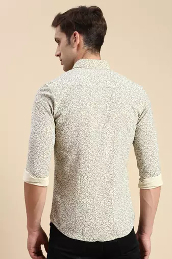 men's long sleeves floral beige shirt