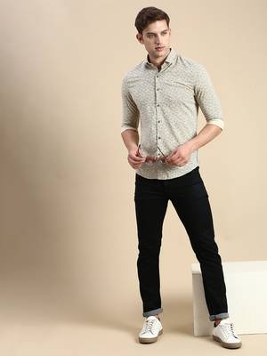 men's long sleeves floral beige shirt 5