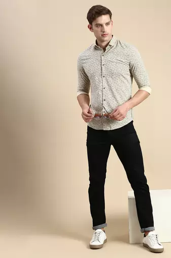 men's long sleeves floral beige shirt
