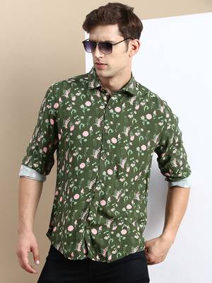 men's long sleeves floral olive shirt 1