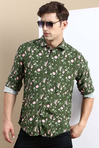 men's long sleeves floral olive shirt