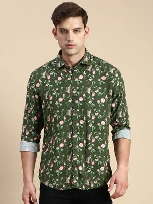 men's long sleeves floral olive shirt 2
