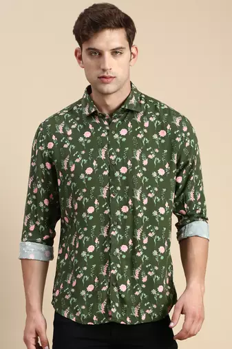 men's long sleeves floral olive shirt