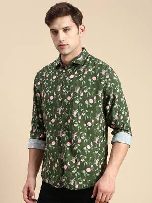 men's long sleeves floral olive shirt 3