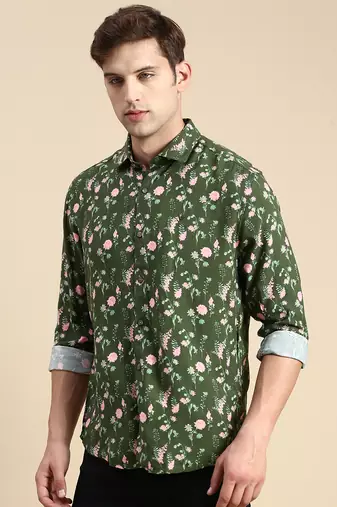men's long sleeves floral olive shirt