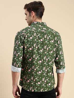 men's long sleeves floral olive shirt 4