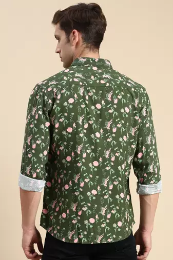men's long sleeves floral olive shirt