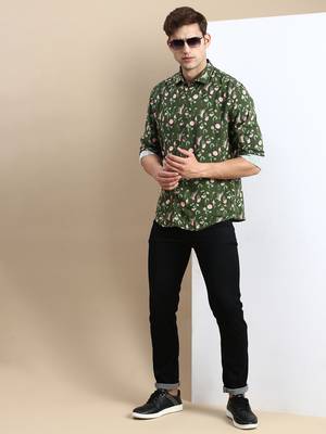 men's long sleeves floral olive shirt 5