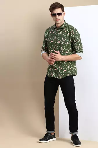 men's long sleeves floral olive shirt