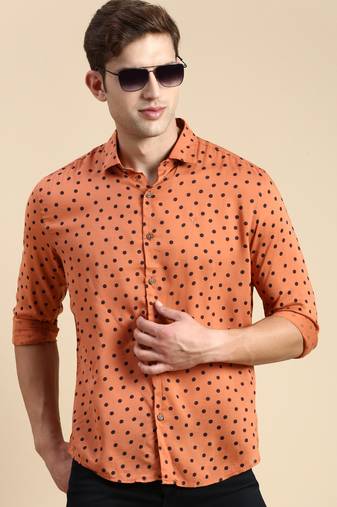 men's long sleeves polka dots rust shirt