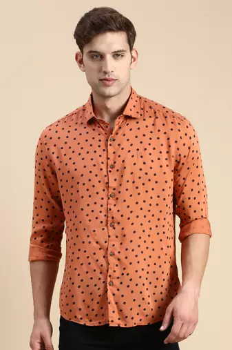 men's long sleeves polka dots rust shirt