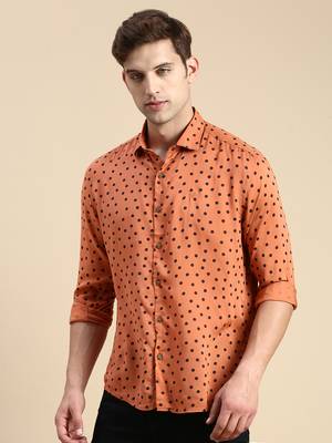 men's long sleeves polka dots rust shirt 3