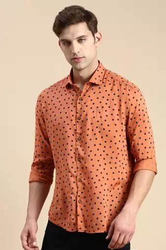 men's long sleeves polka dots rust shirt