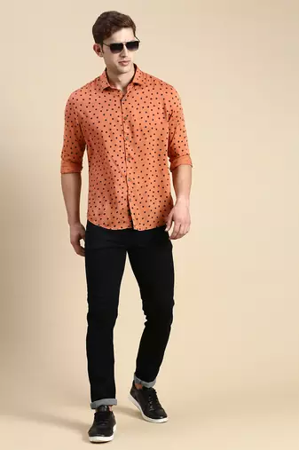 men's long sleeves polka dots rust shirt
