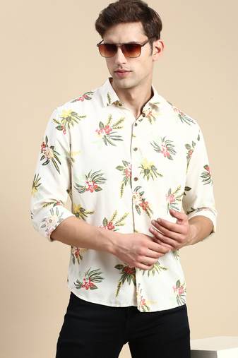 men's long sleeves floral cream shirt