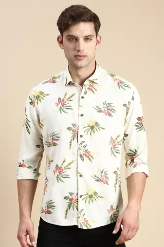 men's long sleeves floral cream shirt